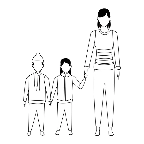 Žena s dětmi černá a bílá — Stockový vektor