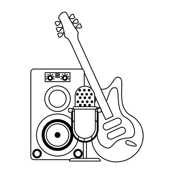 Zene hangszóró, mikrofon és elektromos gitár, fekete-fehér — Stock Vector