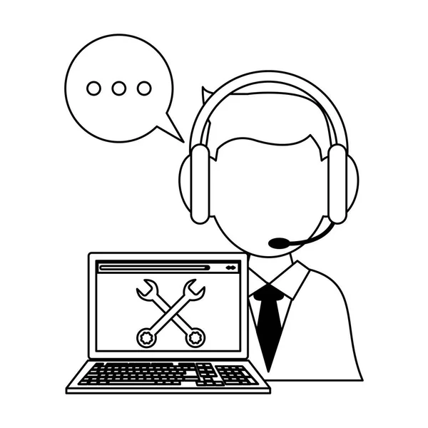 Call center operator with laptop technical support in black and white — Stock Vector