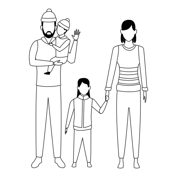 Family avatar cartoon character black and white — Stock Vector