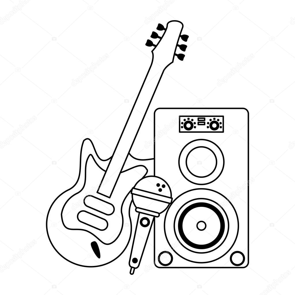 music speaker microphone and electric guitar in black and white