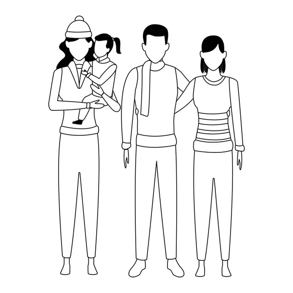 Avatars famille personnage de dessin animé noir et blanc — Image vectorielle