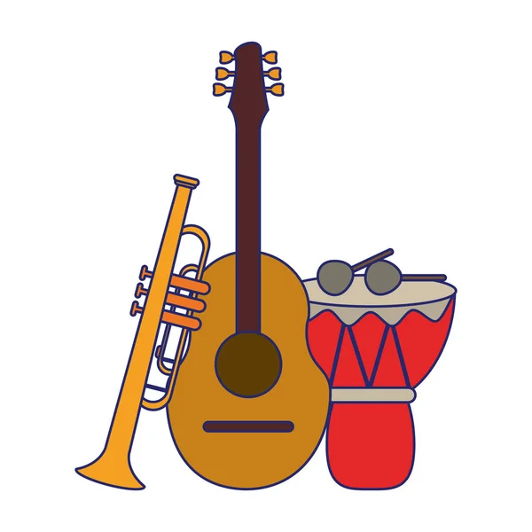Batterie de guitare acoustique musicale avec bâtons et lignes bleues trompette — Image vectorielle