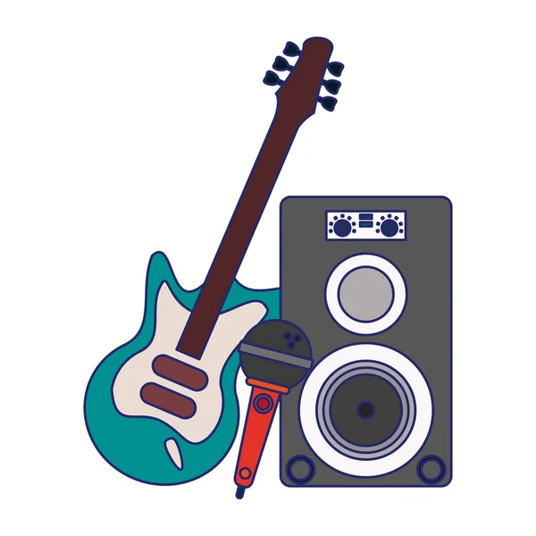 Micrófono altavoz de música y líneas azules guitarra eléctrica — Vector de stock