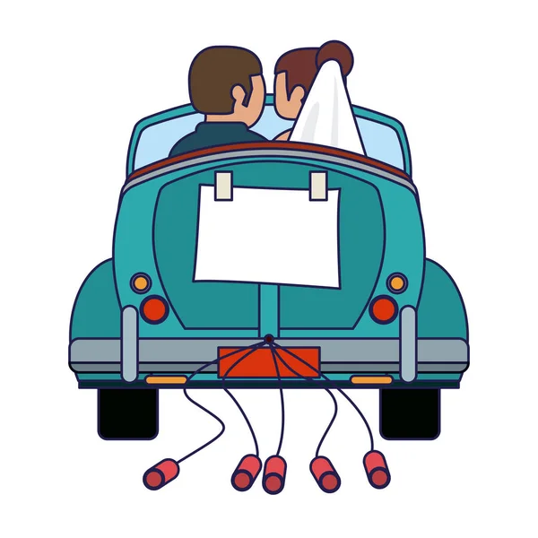 Wedding couple in vintage car with cans backward blue lines — Stock Vector