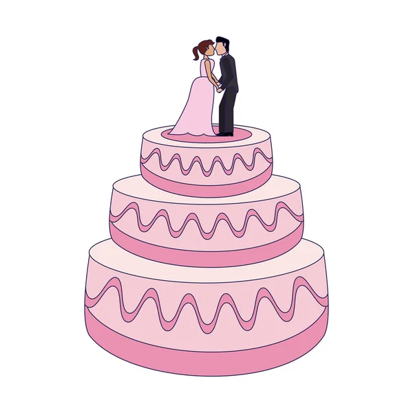 Torta nuziale con sposa e sposo manichini linee blu — Vettoriale Stock