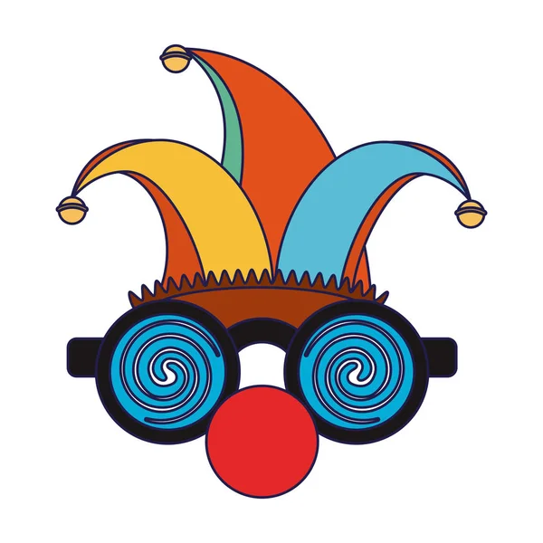 Lunettes et nez de clown avec chapeau bouffon dessin animé lignes bleues — Image vectorielle