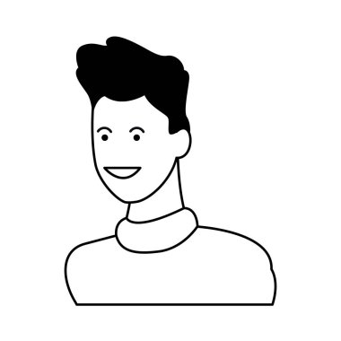 Siyah ve beyaz profilinde karikatür gülümseyen genç adam