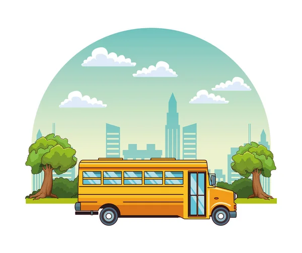 Schulbus fährt an Stadtkulisse vorbei — Stockvektor