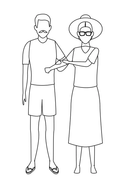 Vieux couple portant des vêtements d'été noir et blanc — Image vectorielle