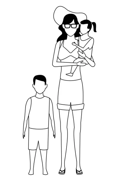Vrouw en kinderen avatar zwart-wit — Stockvector