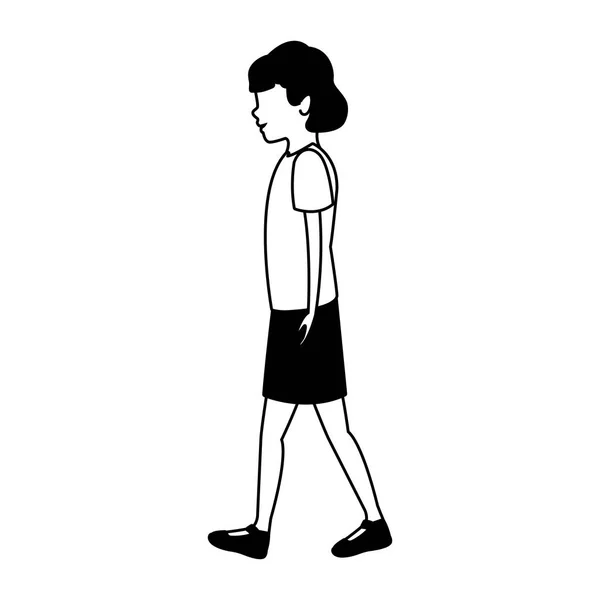 Mujer joven caminando en blanco y negro — Vector de stock