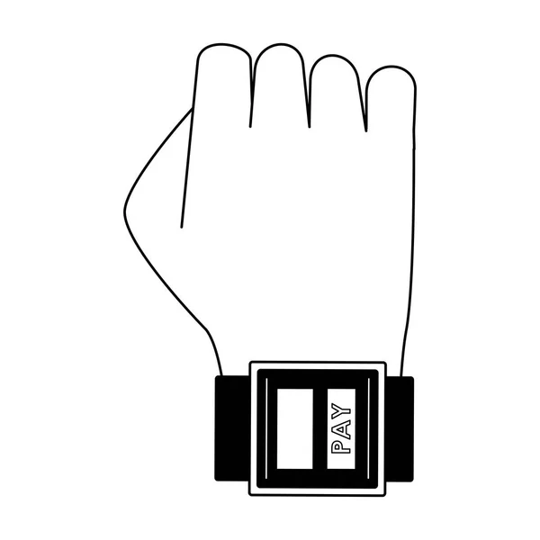 Betalen uit smartwatch cartoon in zwart-wit — Stockvector