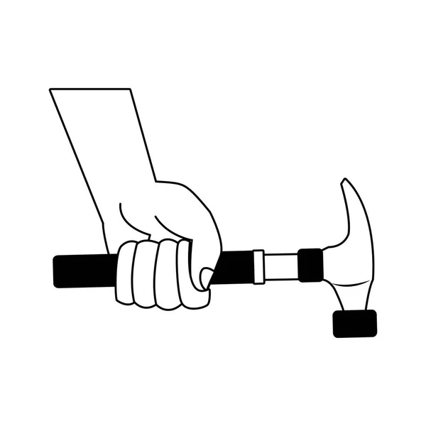 Hand with hammer in black and white — Stock Vector