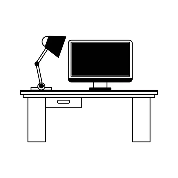 Kantoor met computer in zwart-wit — Stockvector