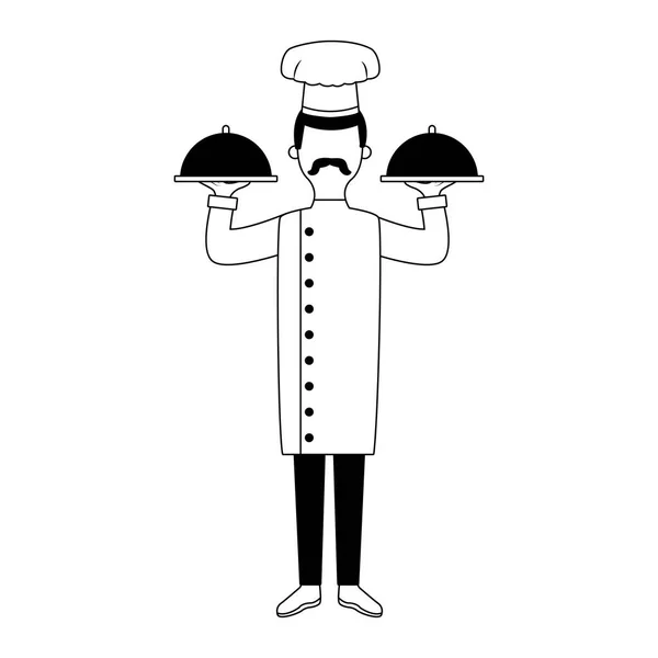 Male chef holding dishes in black and white — Stock Vector