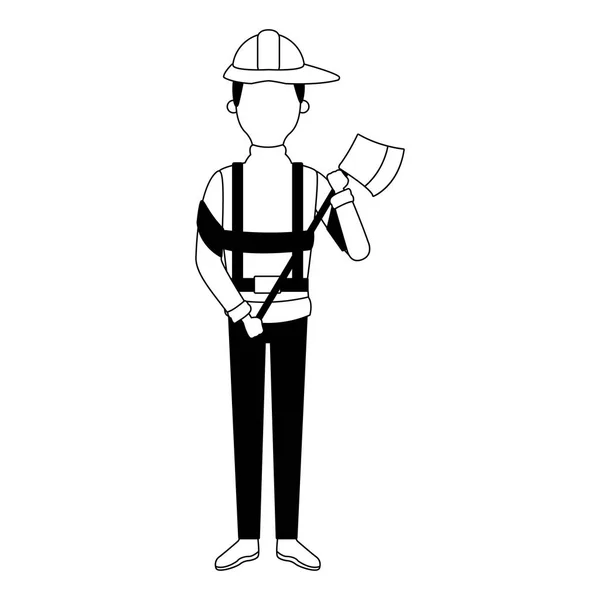 Firefighter man cartoon faceless in black and white — Stock Vector