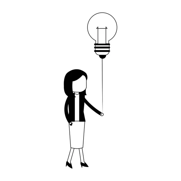 Femme d'affaires avec ballon ampoule en noir et blanc — Image vectorielle