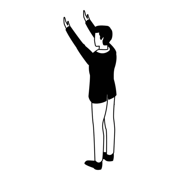 Homme d'affaires de retour avec les mains en haut en noir et blanc — Image vectorielle