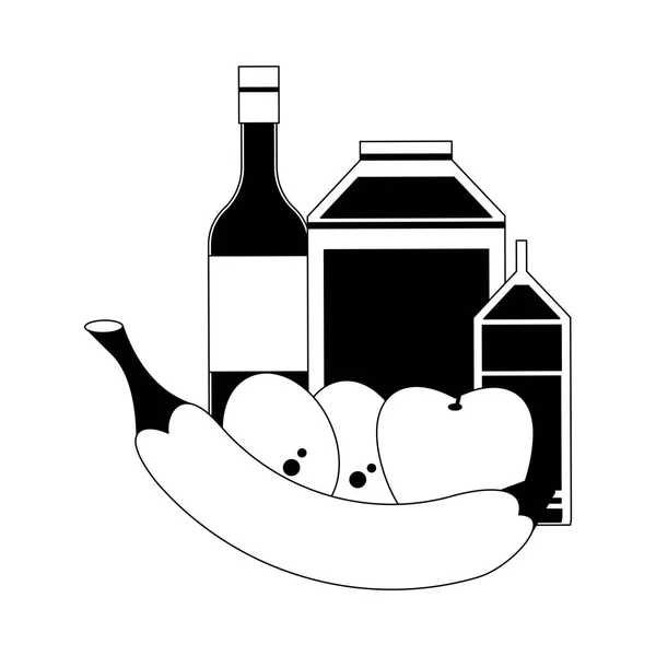 Aliments sains sur plat en noir et blanc — Image vectorielle