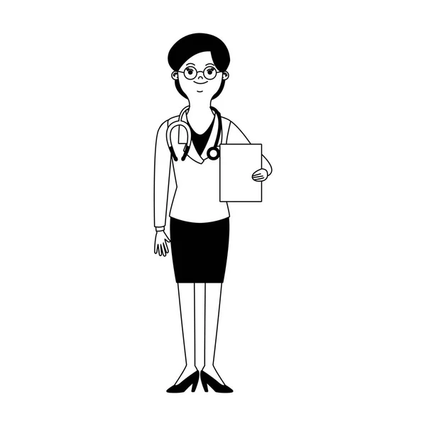Femme médecin dessin animé en noir et blanc — Image vectorielle