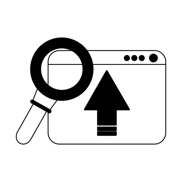 Magnifying glass on upload in black and white — Stock Vector