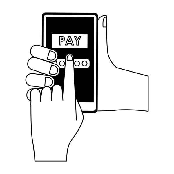 Hands paying online from smartphone in black and white — Stock Vector