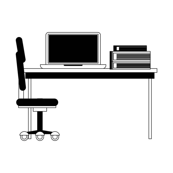 Bureau avec ordinateur en noir et blanc — Image vectorielle