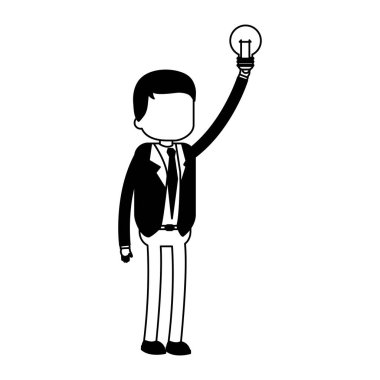 Siyah-beyaz ampul ışık tutan işadamı