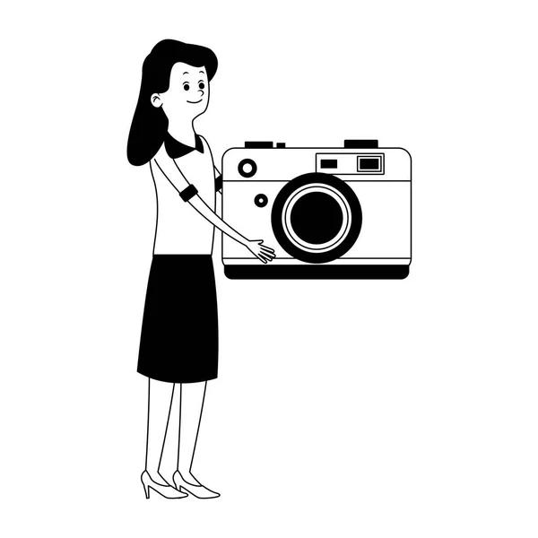 Donna con macchina fotografica in bianco e nero — Vettoriale Stock