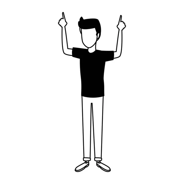 Fekete-fehér kezével felfelé mutató fiatalember — Stock Vector