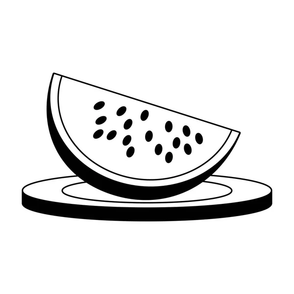 Καρπούζι κομμένο σε φέτες στο πιάτο σε μαύρο και άσπρο — Διανυσματικό Αρχείο