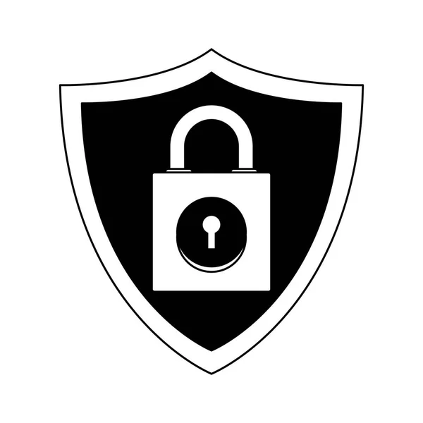 Cadeado no emblema escudo em preto e branco — Vetor de Stock