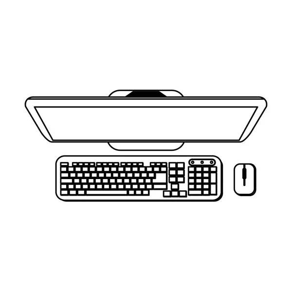 Ordenador con teclado y ratón vista superior en blanco y negro — Archivo Imágenes Vectoriales