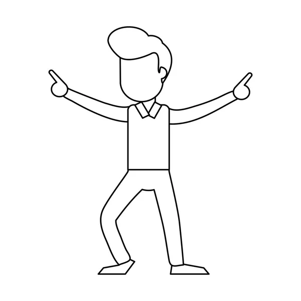 Homem dançando e sorrindo desenhos animados preto e branco — Vetor de Stock