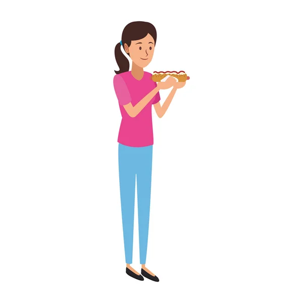 Kvinna äter varmkorv — Stock vektor