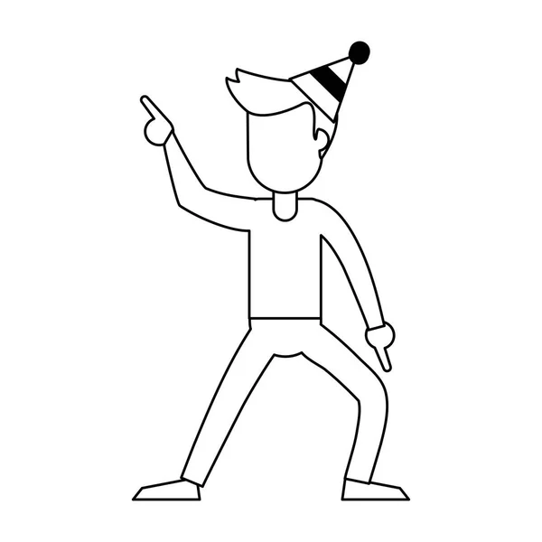 Homem com chapéu de aniversário desenhos animados preto e branco — Vetor de Stock