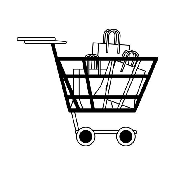 Shopping bags inside cart in black and white — Stock Vector
