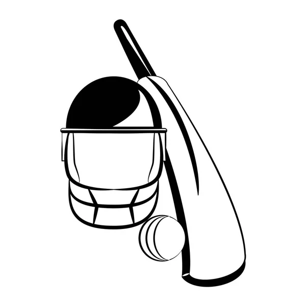 Pelota de cricket y bate con casco en blanco y negro — Vector de stock