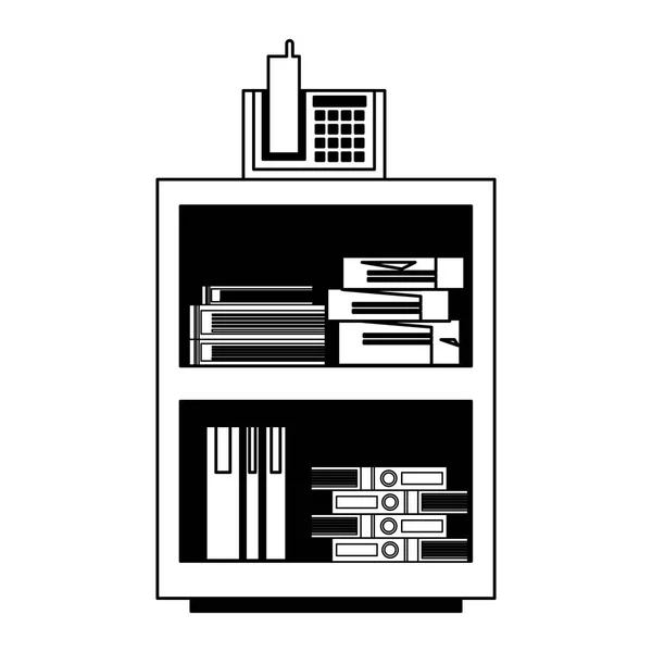 Gabinete de oficina con teléfono y carpetas en blanco y negro — Vector de stock