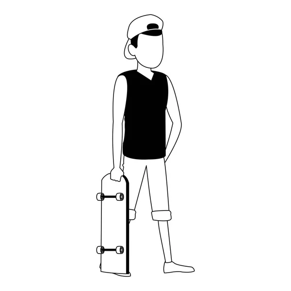 Jeune homme avec skateboard en noir et blanc — Image vectorielle