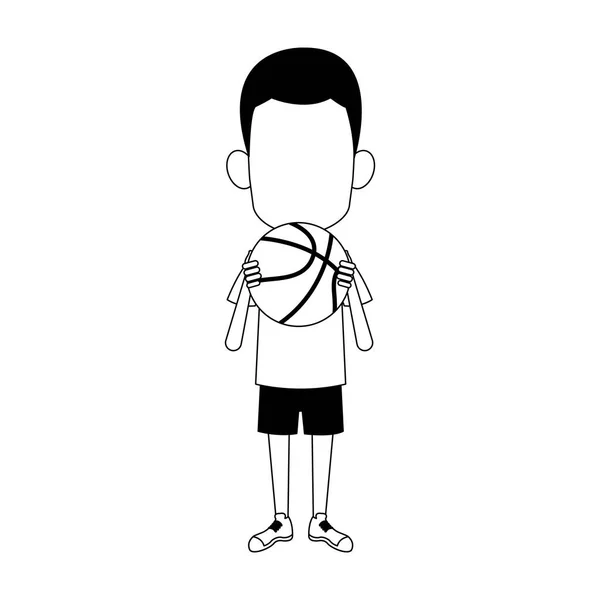 Afro garçon avec ballon de basket en noir et blanc — Image vectorielle