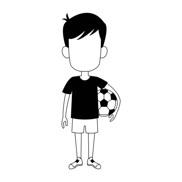 Niño sosteniendo pelota de fútbol en blanco y negro — Vector de stock