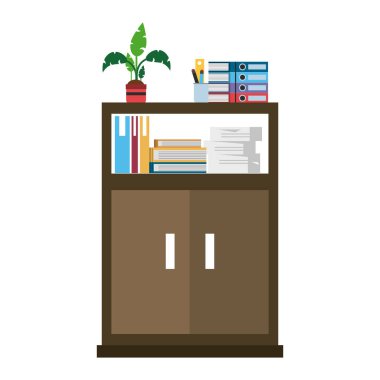 Kitaplar ve bitki pot ile kabine