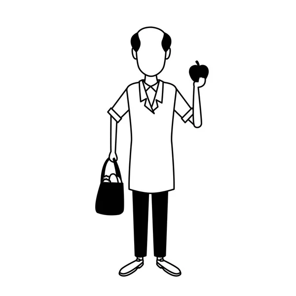 Shopkeeper con manzana y bolso en blanco y negro — Vector de stock