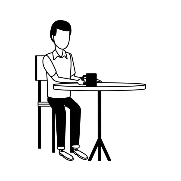 Homem bebendo café na mesa em preto e branco —  Vetores de Stock