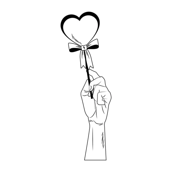 Hand holding heartshape lollipop pop art in black and white — Stock Vector