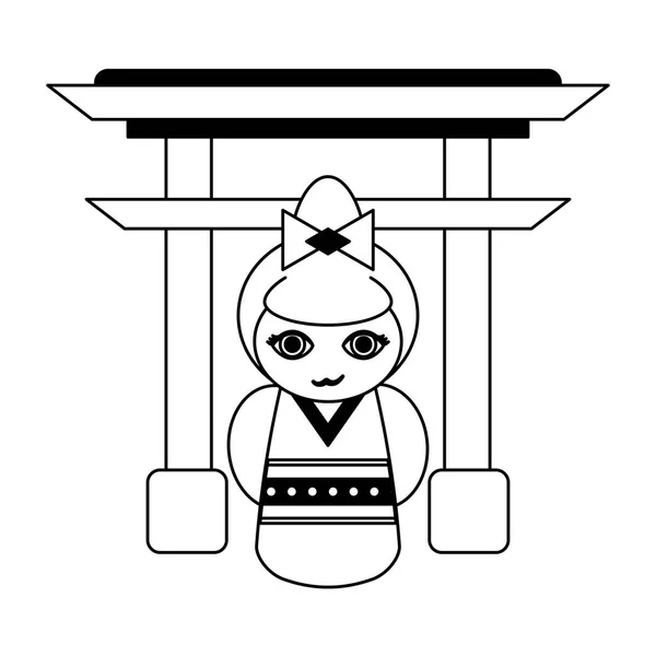 Chica japonesa en arco símbolo blanco y negro — Vector de stock