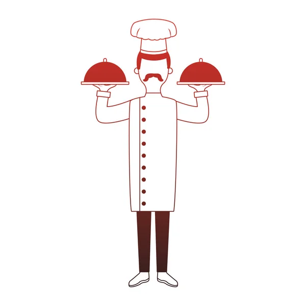 Αρσενικό σεφ κρατώντας πιάτα απρόσωπη κόκκινες γραμμές — Διανυσματικό Αρχείο