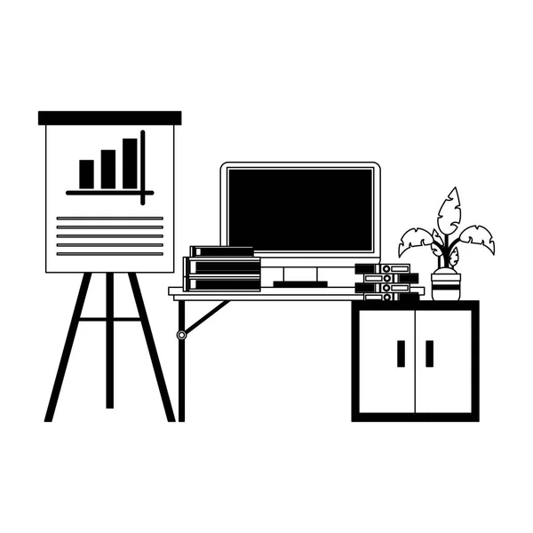 Oficina con ordenador en blanco y negro — Vector de stock